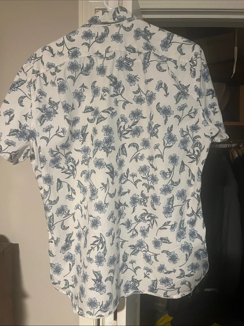 J. Crew Men’s White Short-Sleeve Shirt with Blue Floral Print